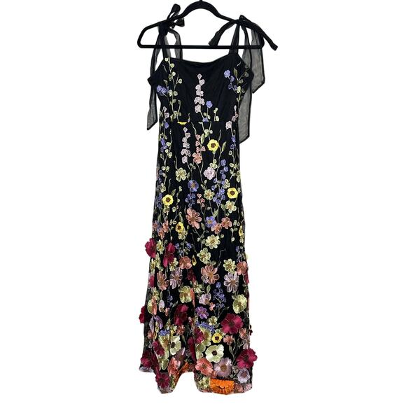 Lulus NWOT Thriving Poise Black 3D Floral Embroidered Tie-Strap Maxi Dress L - Picture 3 of 8